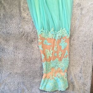 Sherri hill aqua and tan prom dress